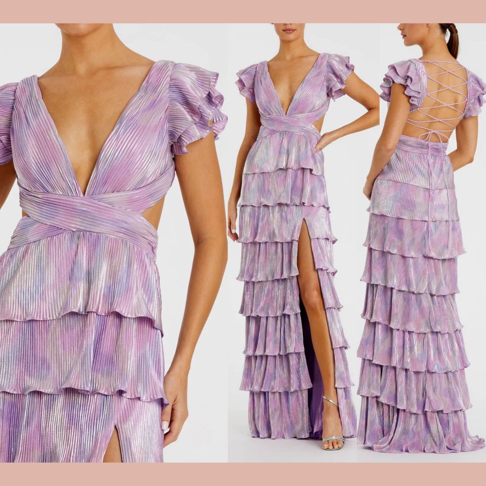 NWT IEENA Mac Duggal [ 8 ] 26740 Ruffle Tiered Criss Cross Lace Up Gown Purple‎